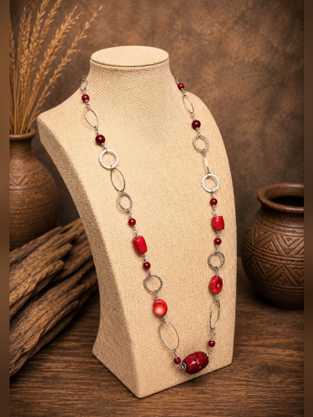 Red Coral And Glass Beaded Necklace